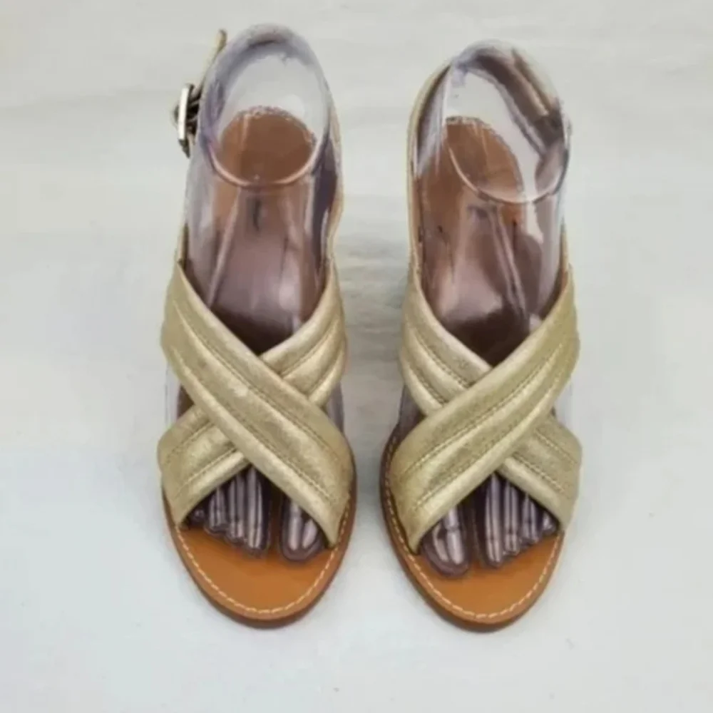 J.Crew Gold leather chunky heel sandals size 7
